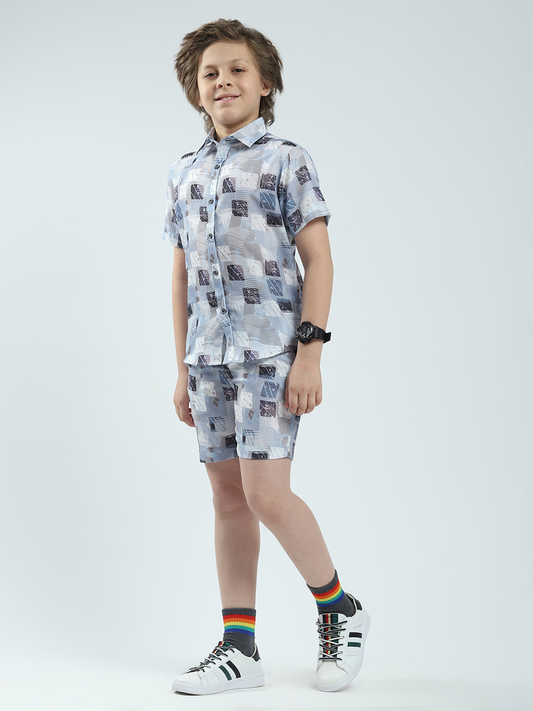 Boys Blue Printed Collar Half Sleeve Bermuda Set