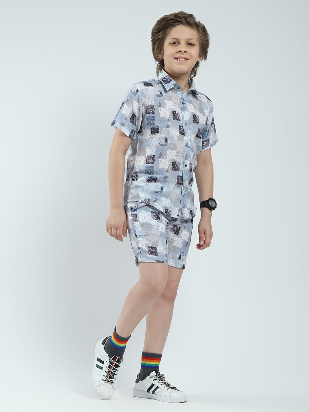 Boys Blue Printed Collar Half Sleeve Bermuda Set