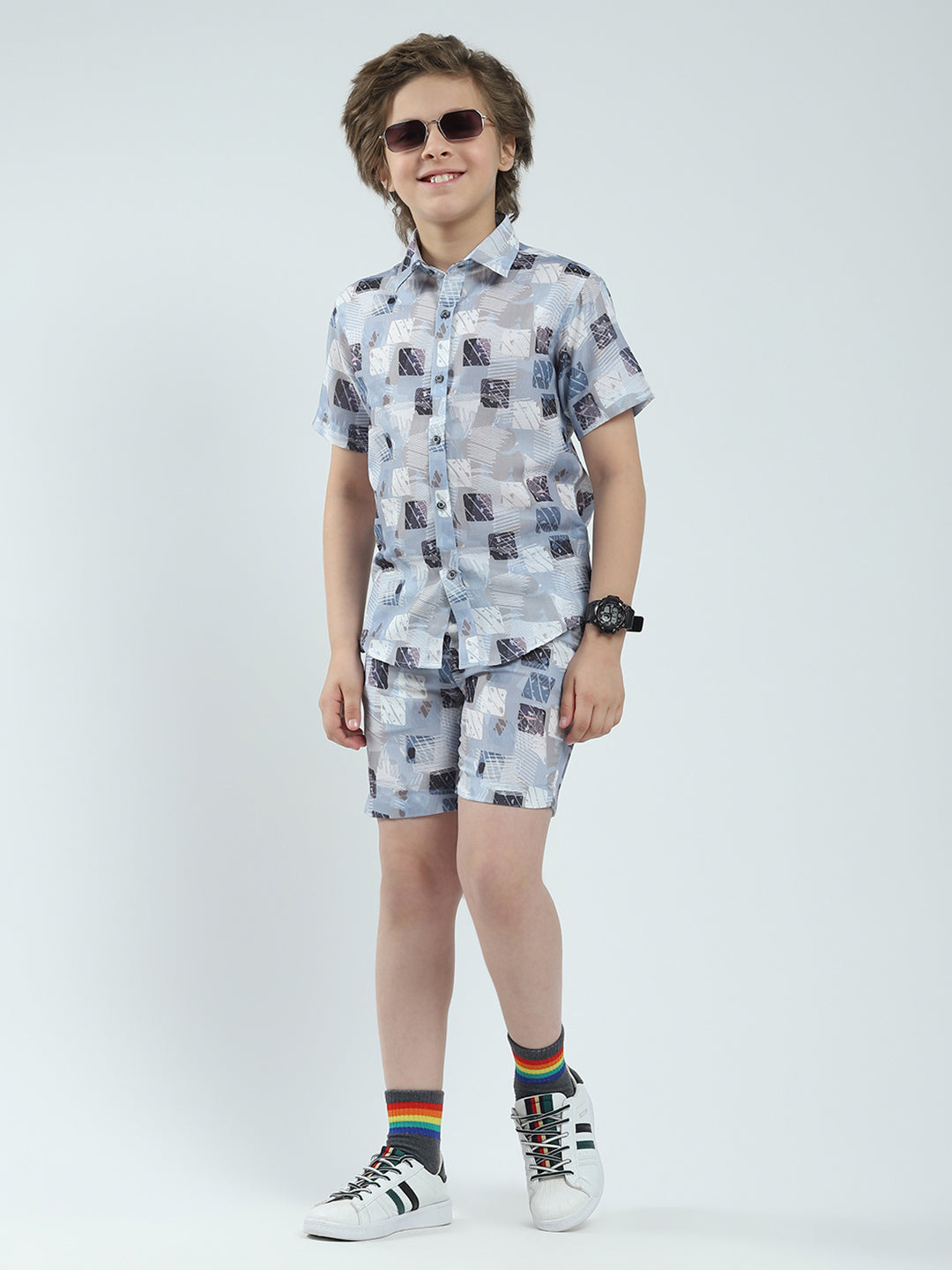 Boys Blue Printed Collar Half Sleeve Bermuda Set