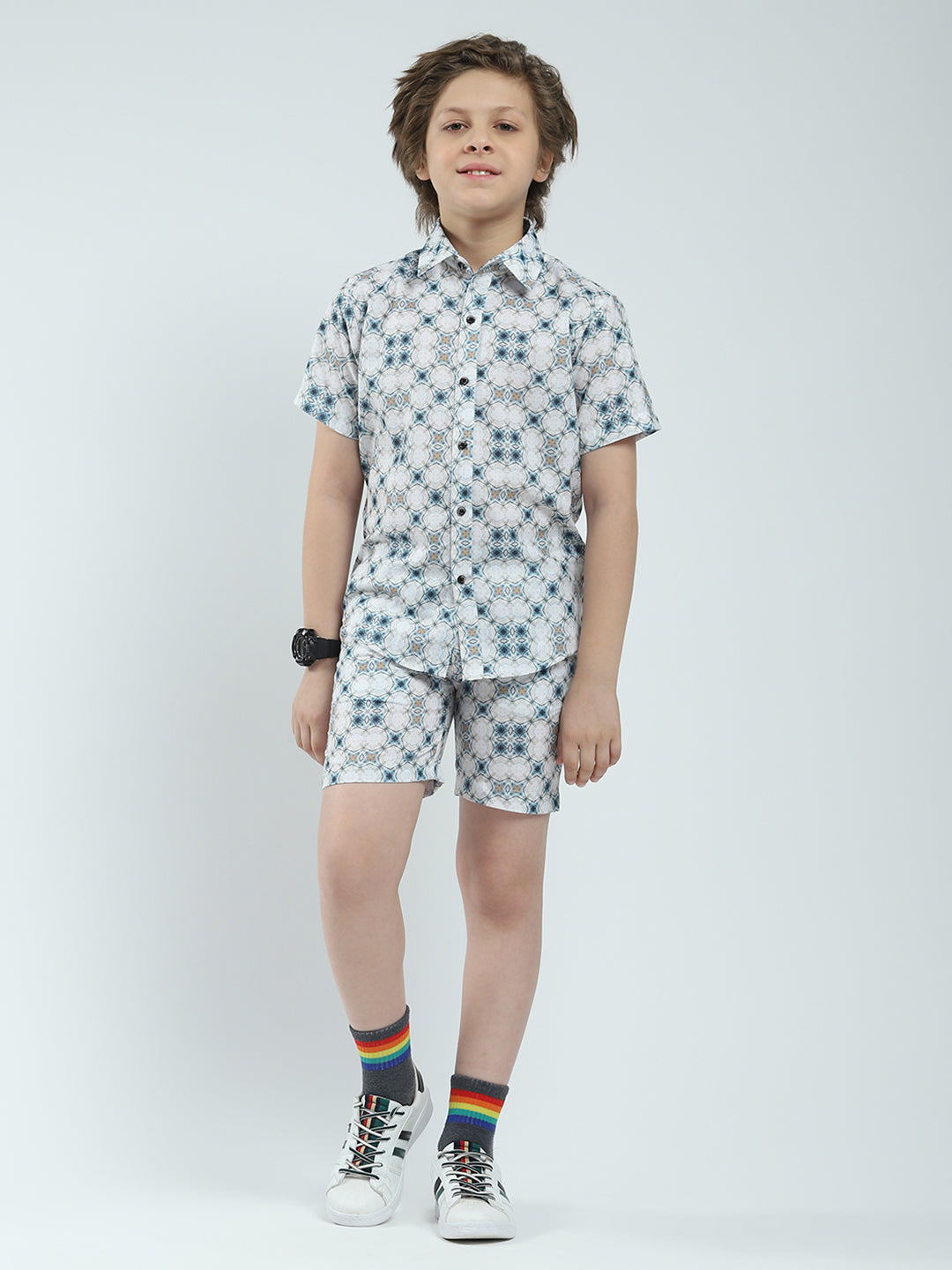 Boys White Printed Collar Half Sleeve Bermuda Set