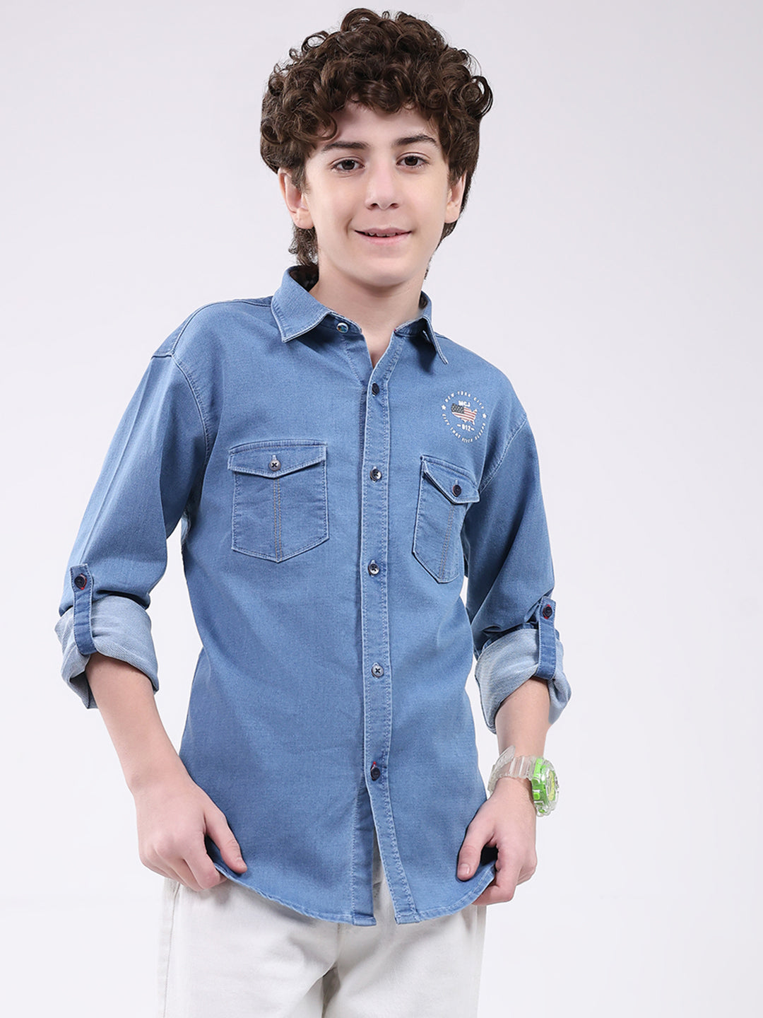 Boys Blue Solid Collar Full Sleeve Shirt