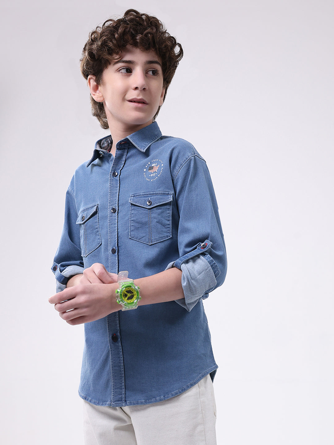Boys Blue Solid Collar Full Sleeve Shirt