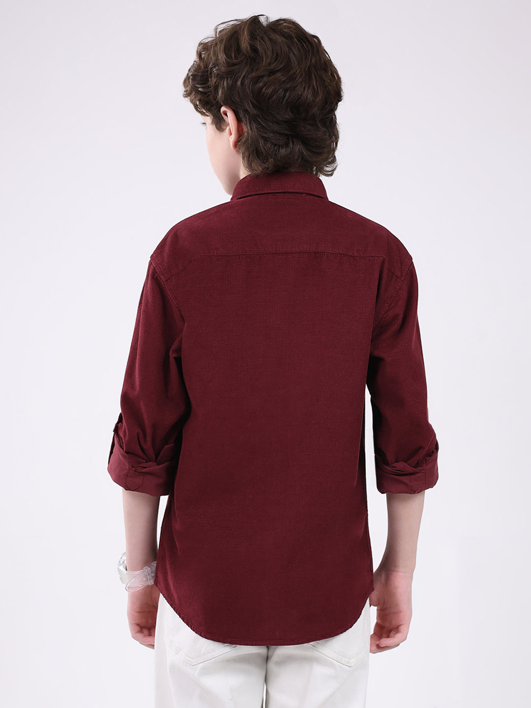 Boys Maroon Solid Collar Full Sleeve Shirt