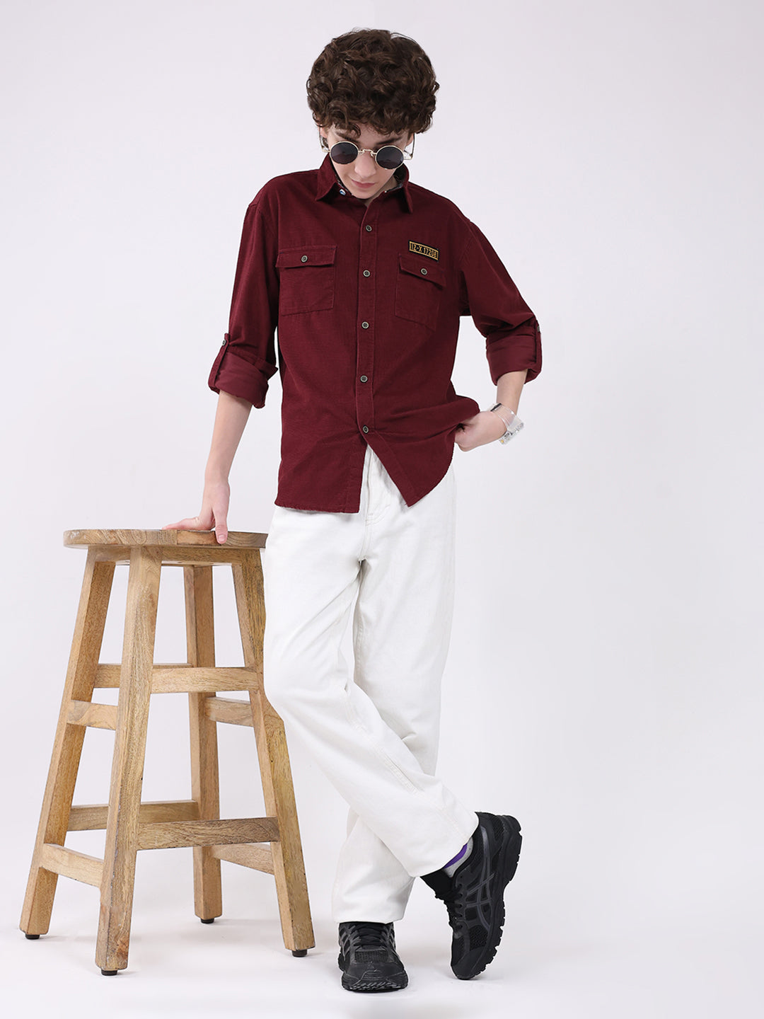 Boys Maroon Solid Collar Full Sleeve Shirt
