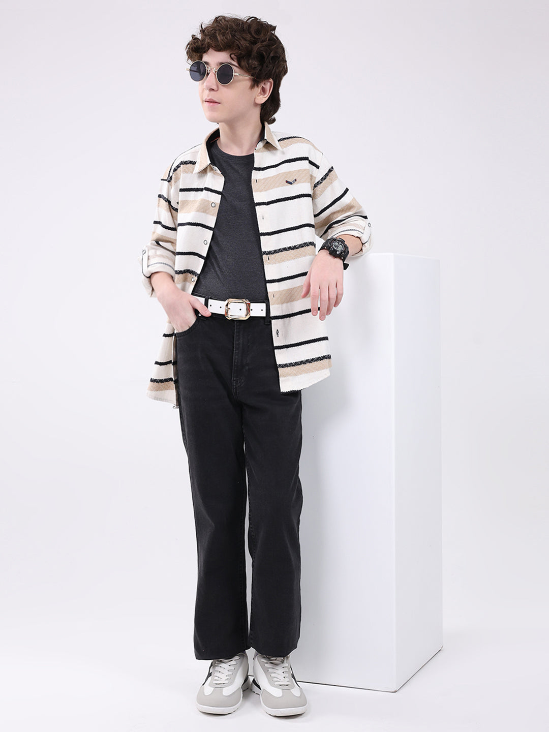 Boys White Stripe Collar Full Sleeve Shirt