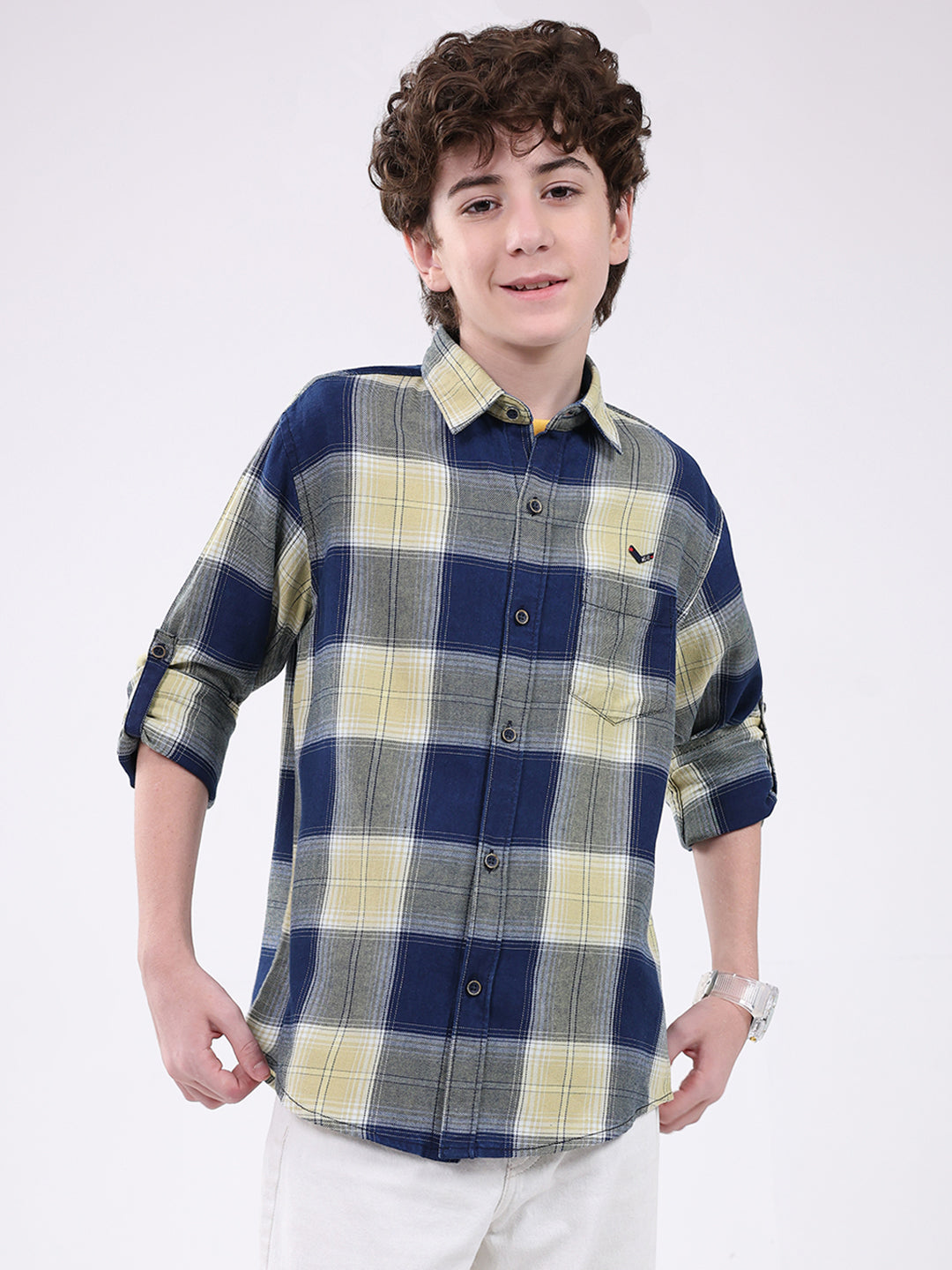 Boys Navy Blue Check Collar Full Sleeve Shirt