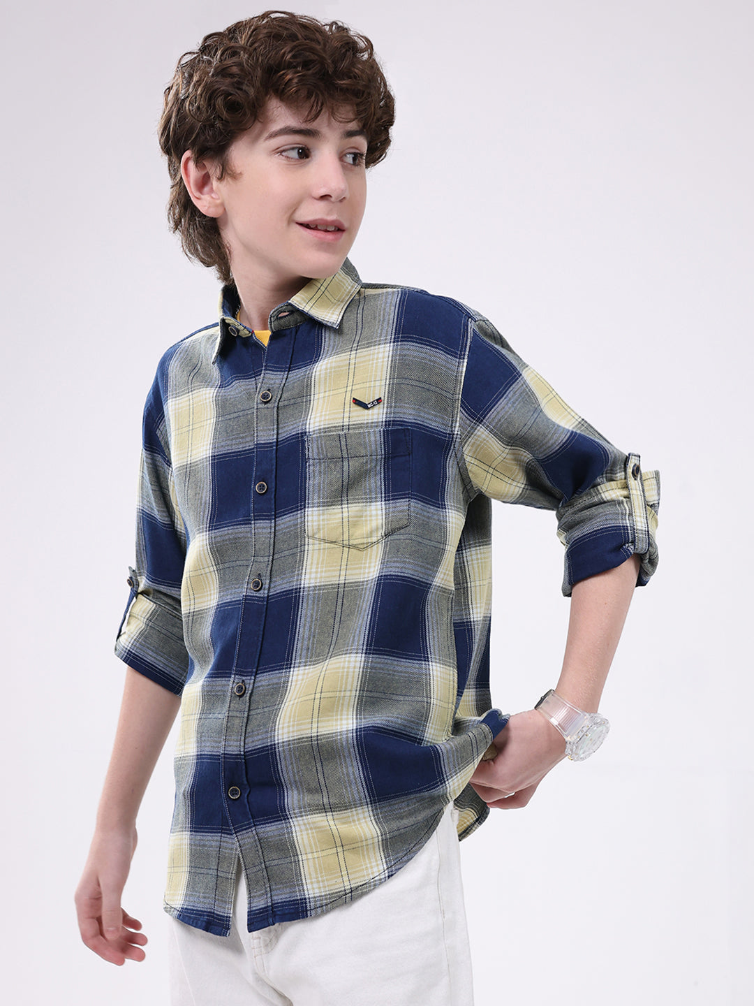 Boys Navy Blue Check Collar Full Sleeve Shirt