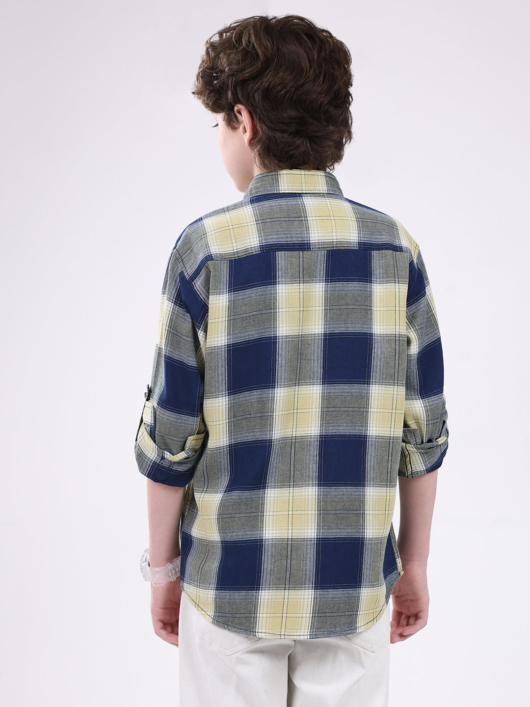Boys Navy Blue Check Collar Full Sleeve Shirt