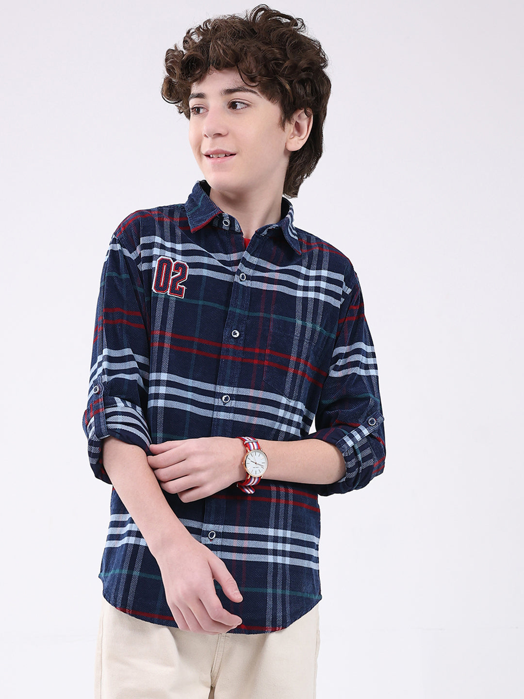 Boys Navy Blue Check Collar Full Sleeve Shirt