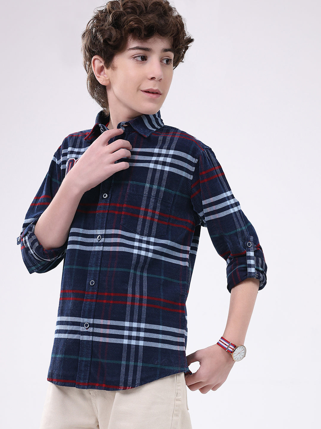 Boys Navy Blue Check Collar Full Sleeve Shirt