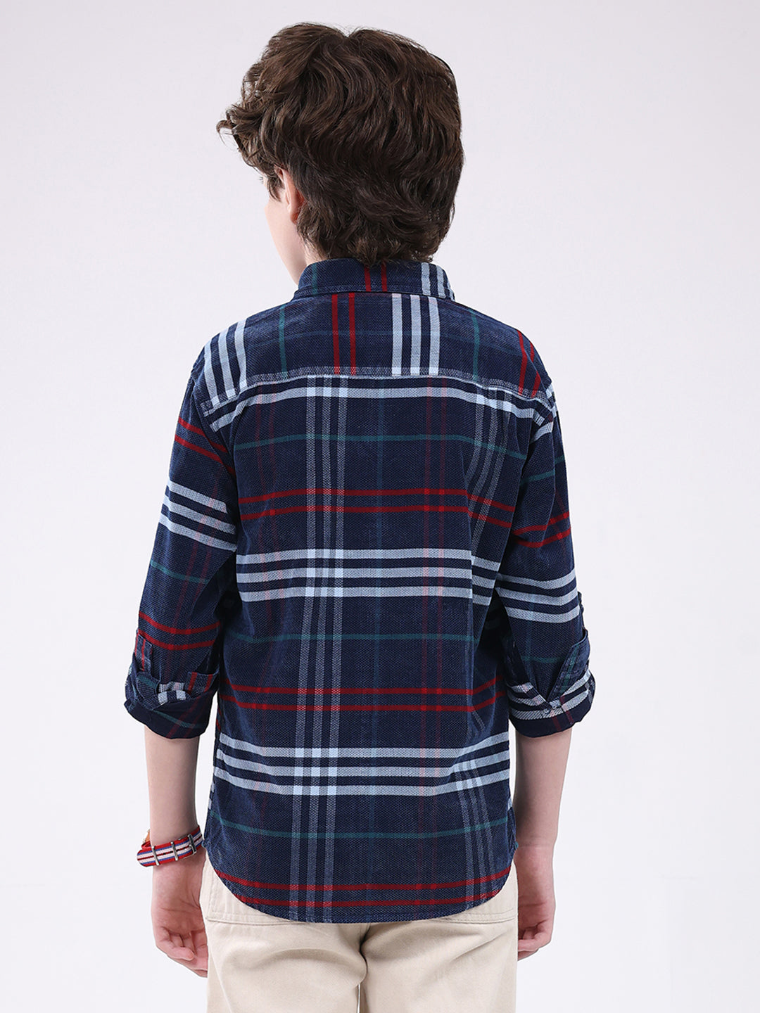 Boys Navy Blue Check Collar Full Sleeve Shirt
