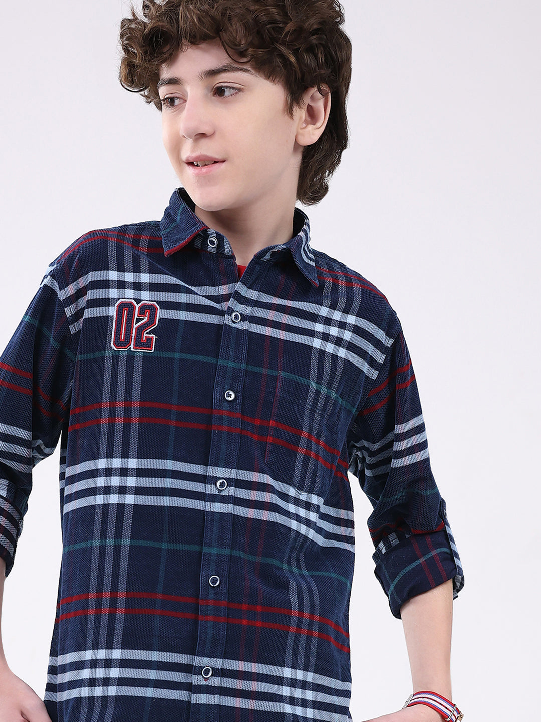 Boys Navy Blue Check Collar Full Sleeve Shirt