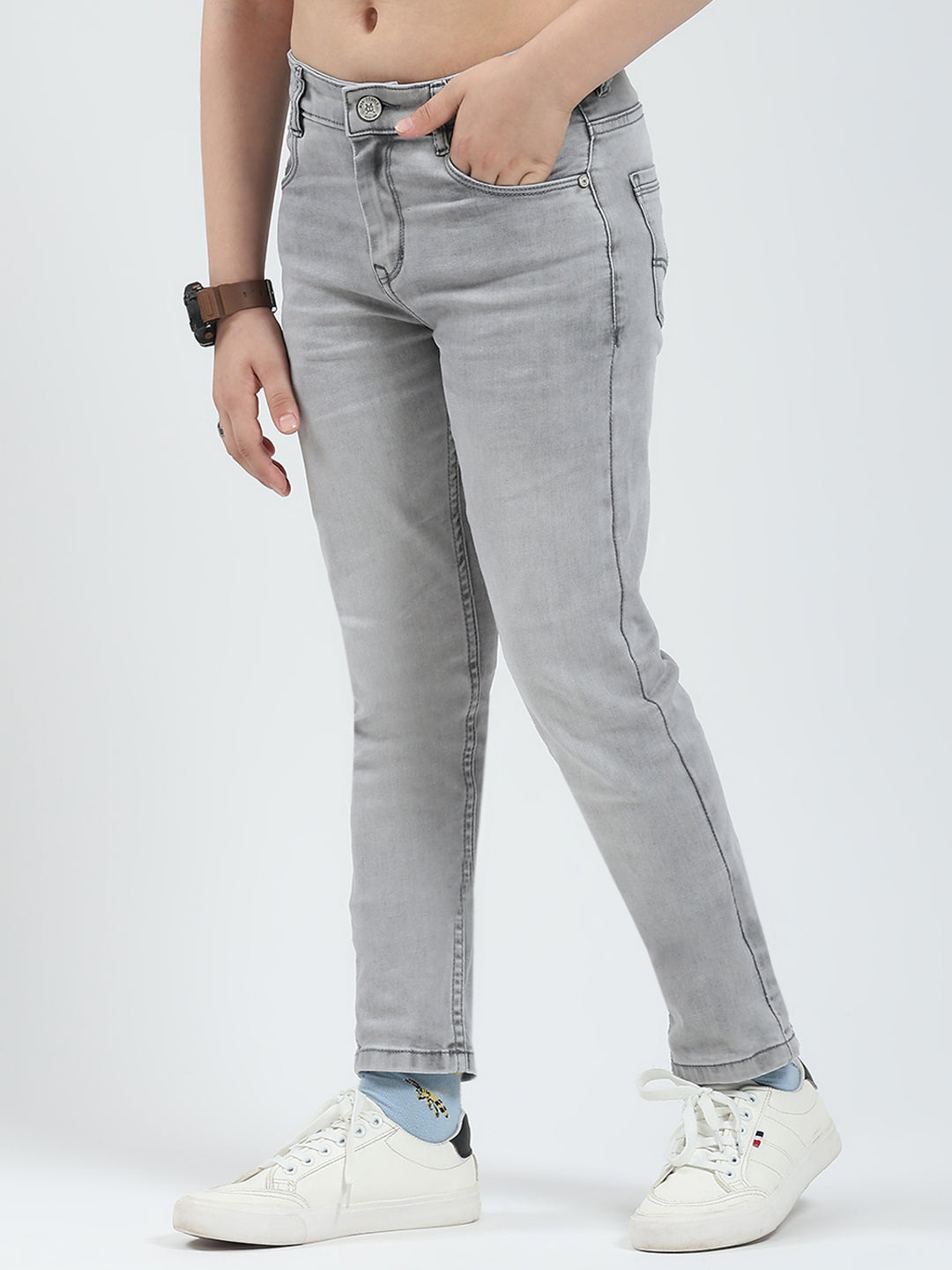 Boys Grey Solid Slim Fit Denim