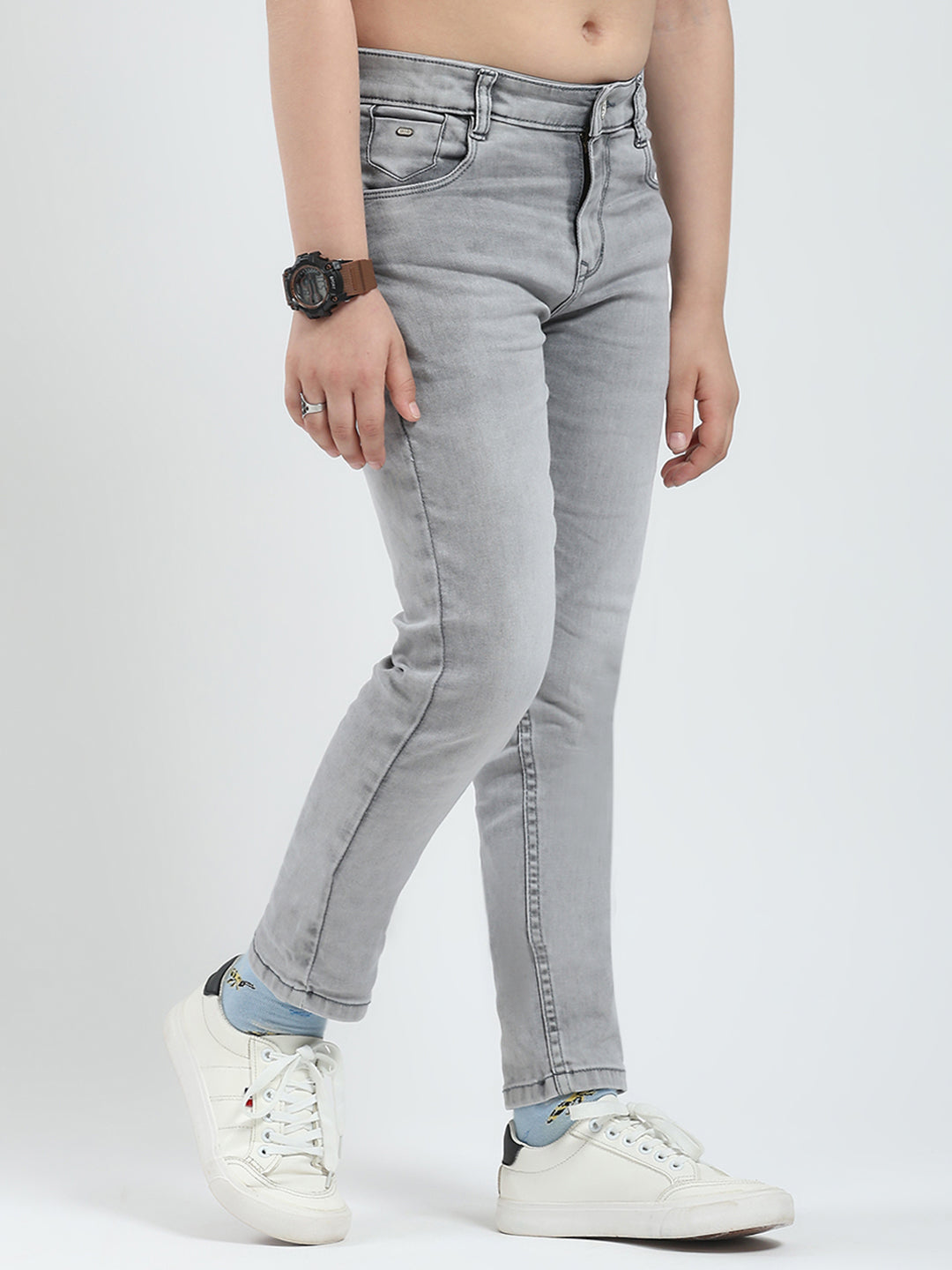 Boys Grey Solid Slim Fit Denim
