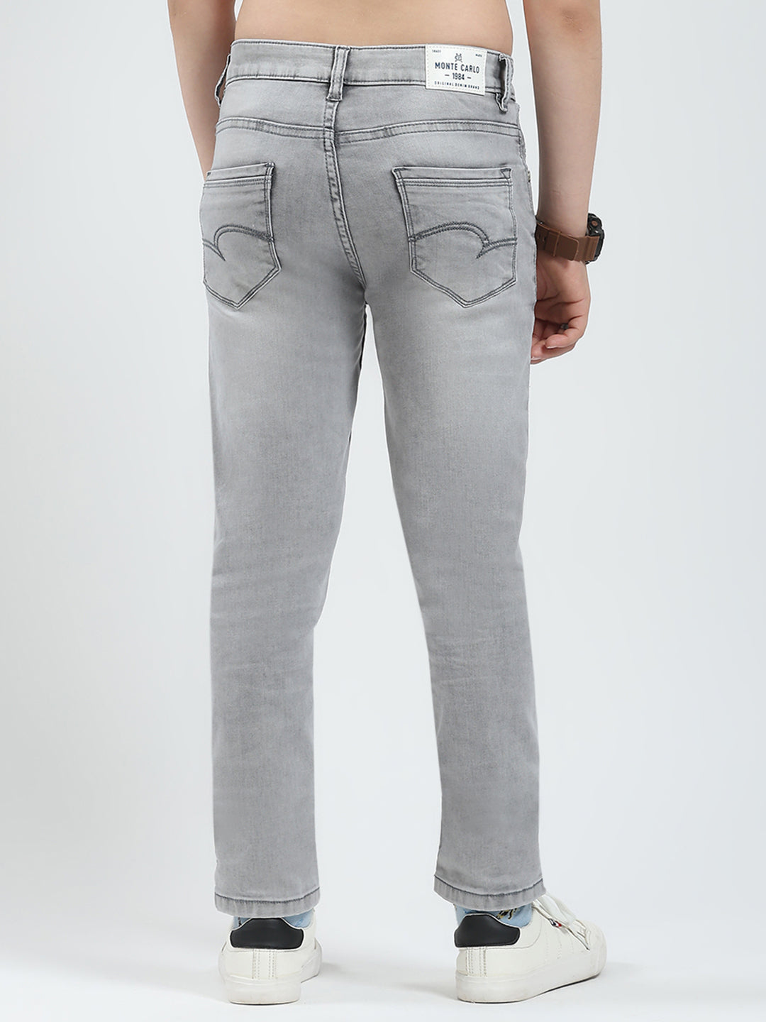 Boys Grey Solid Slim Fit Denim