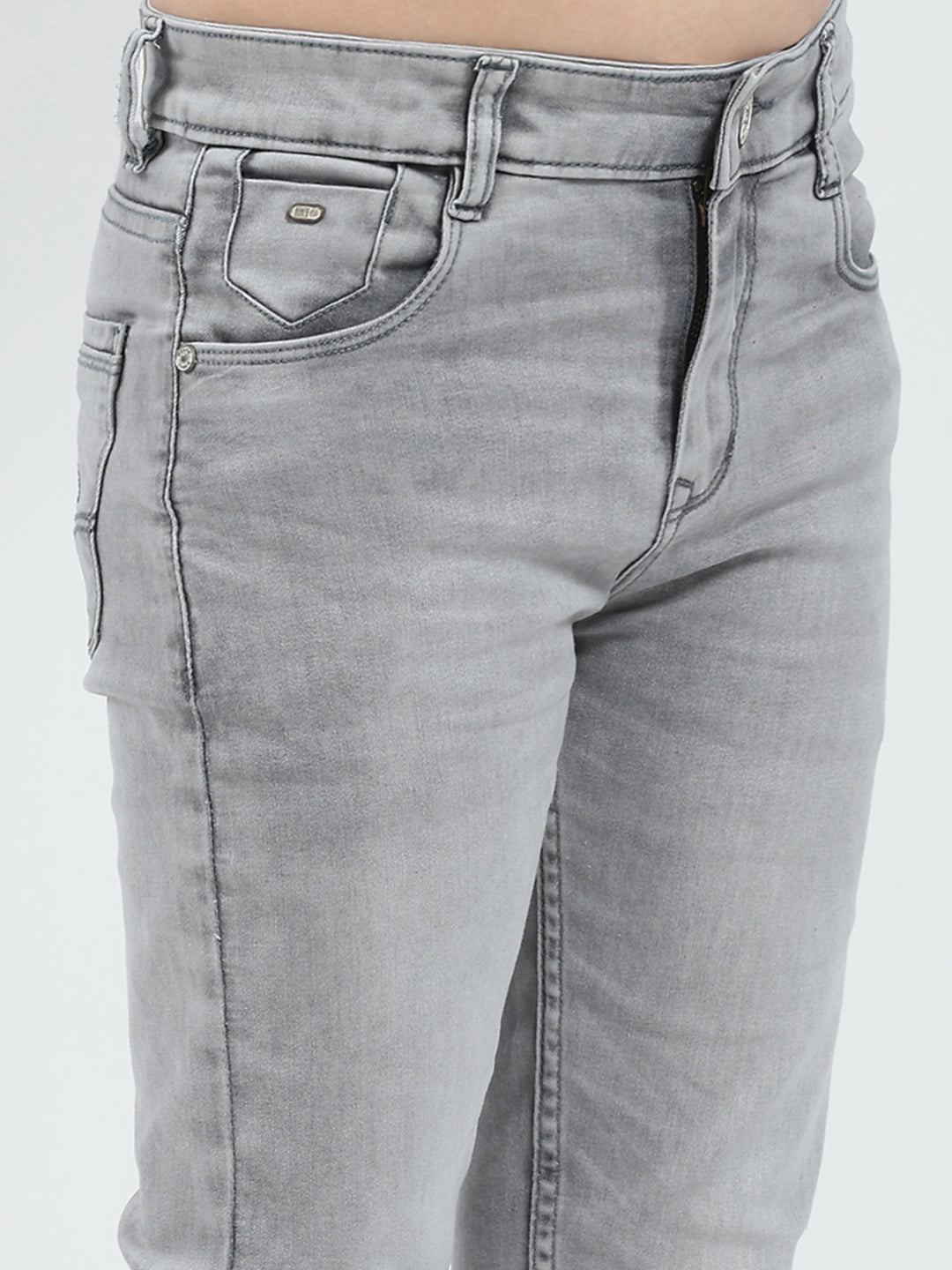 Boys Grey Solid Slim Fit Denim