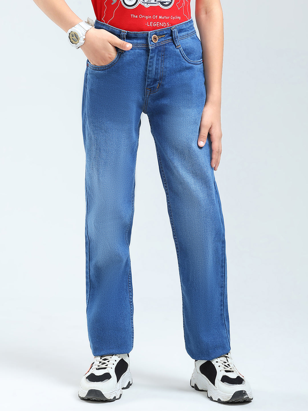 Boys Blue Solid Straight Fit Denim