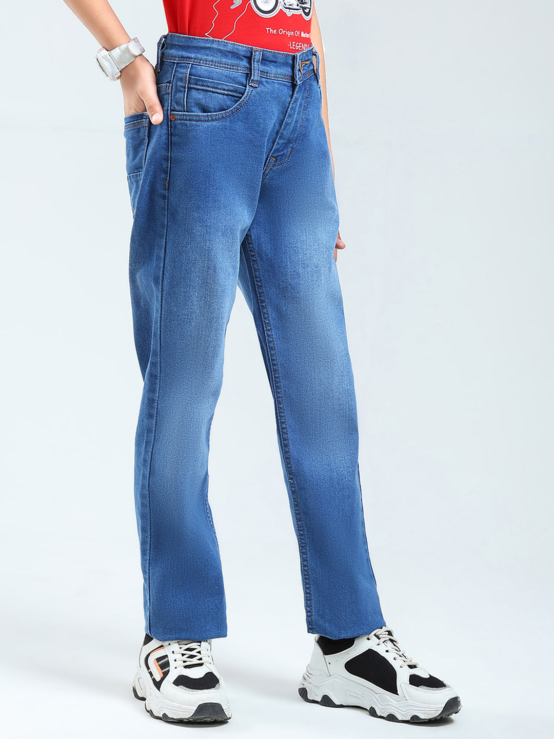 Boys Blue Solid Straight Fit Denim