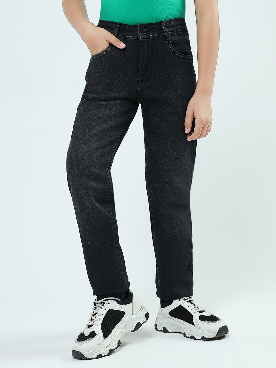 Boys Black Solid Slim Fit Denim