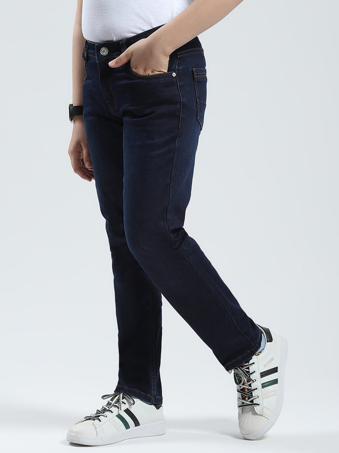 Boys Blue Solid Slim Fit Denim