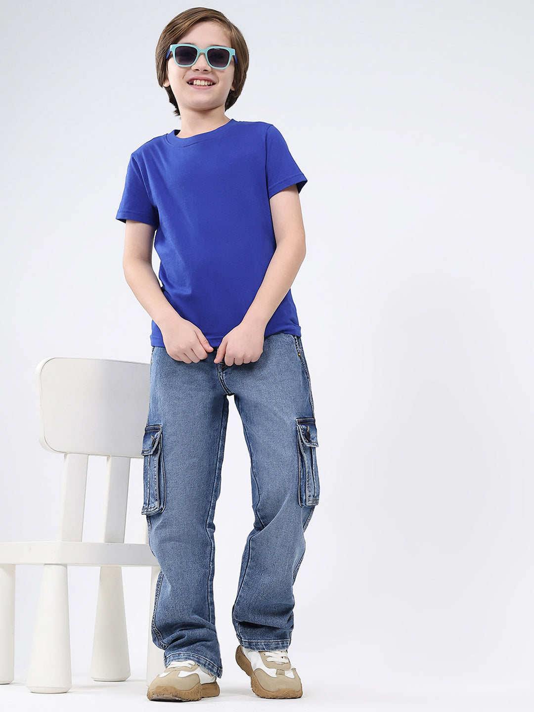 Boys Blue Solid Straight Fit Cargo