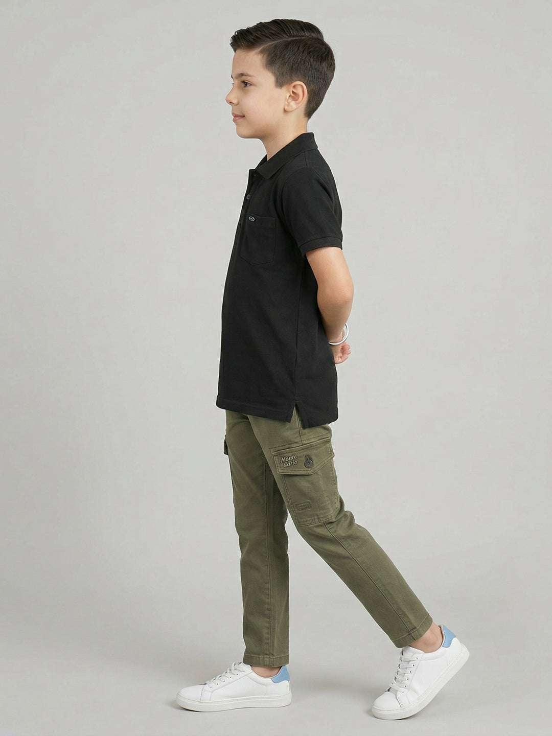 Boys Black Printed Collar Half Sleeve T-Shirt