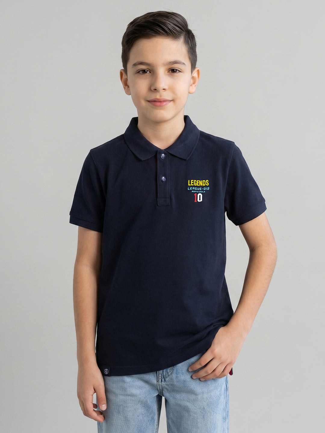 Boys Navy Blue Solid Collar Half Sleeve T-Shirt