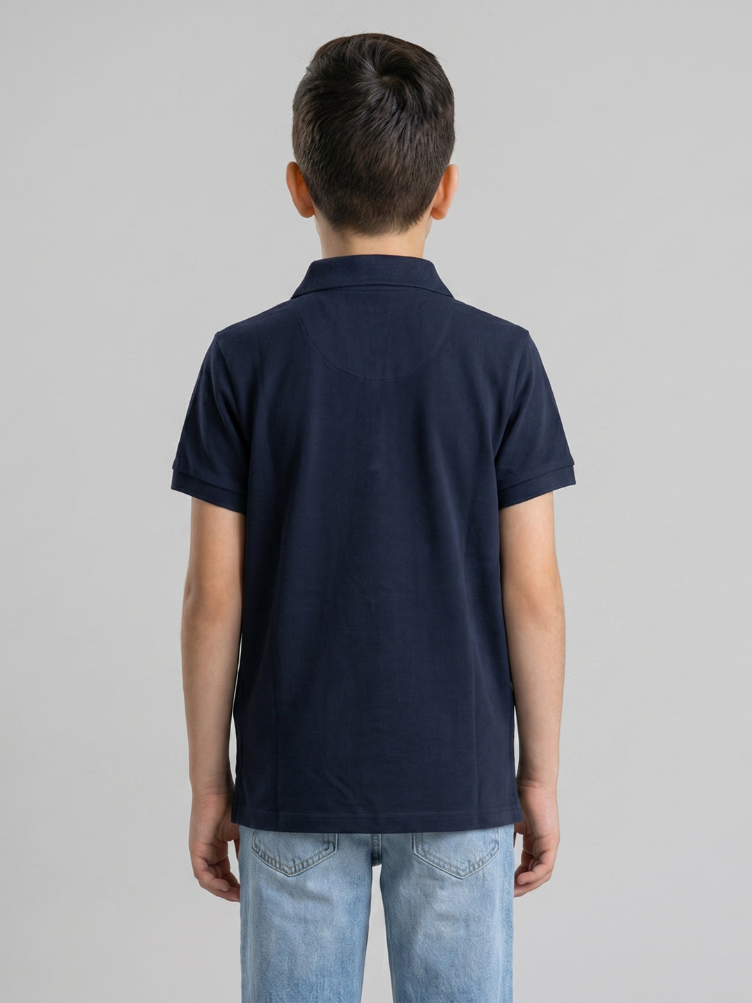 Boys Navy Blue Solid Collar Half Sleeve T-Shirt