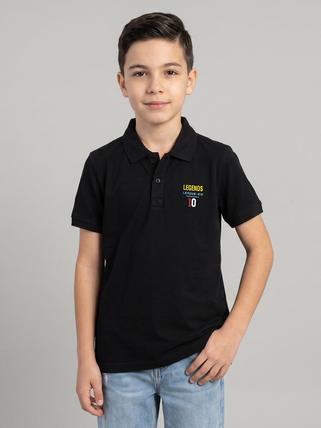 Boys Black Solid Collar Half Sleeve T-Shirt