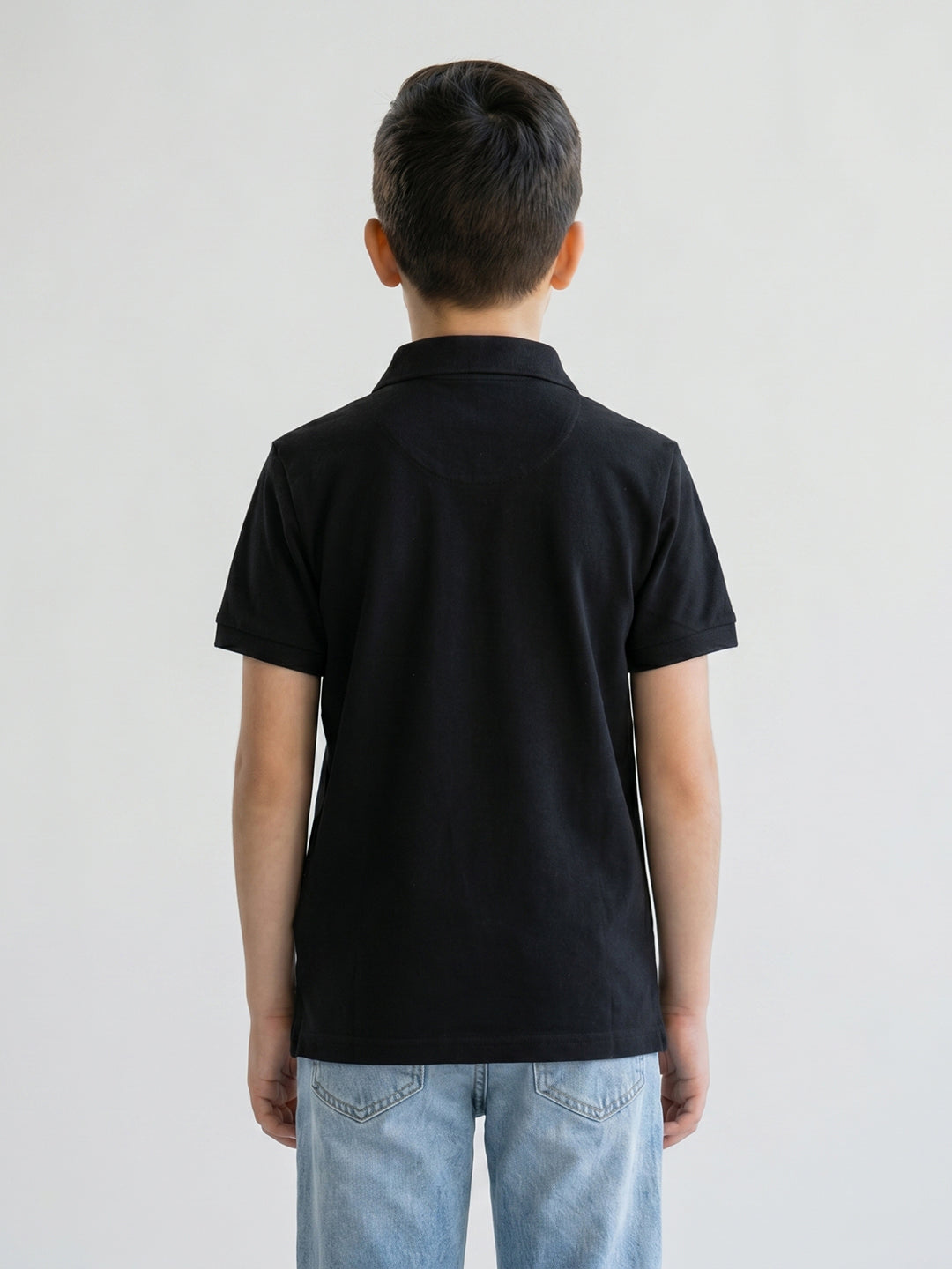 Boys Black Solid Collar Half Sleeve T-Shirt