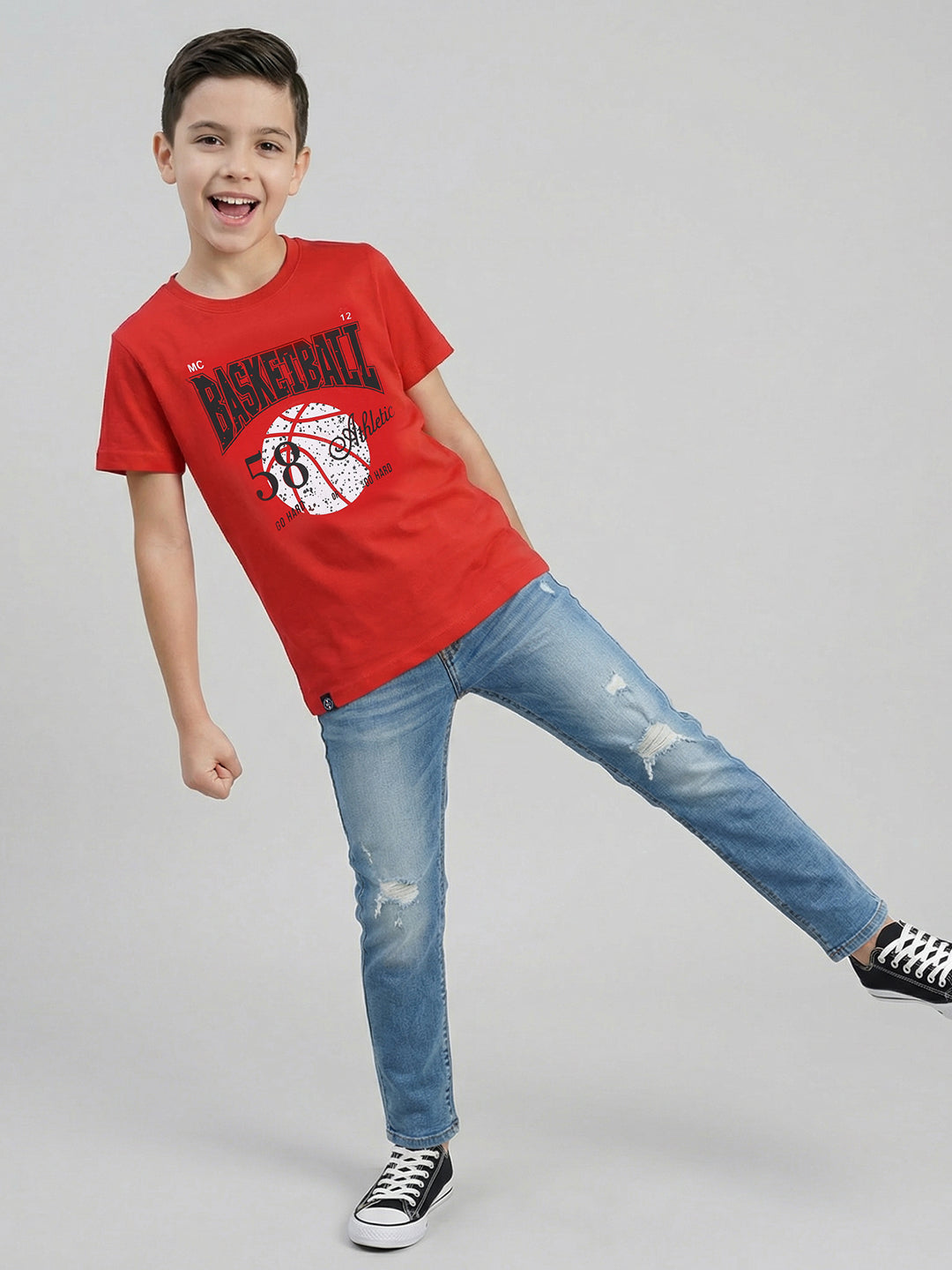 Boys Red & White Printed Round Neck Half Sleeve T-Shirt (Pack of 2)