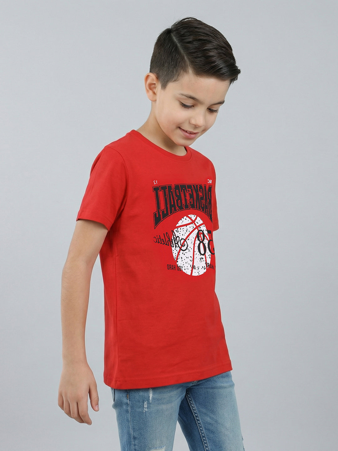 Boys Red & White Printed Round Neck Half Sleeve T-Shirt (Pack of 2)