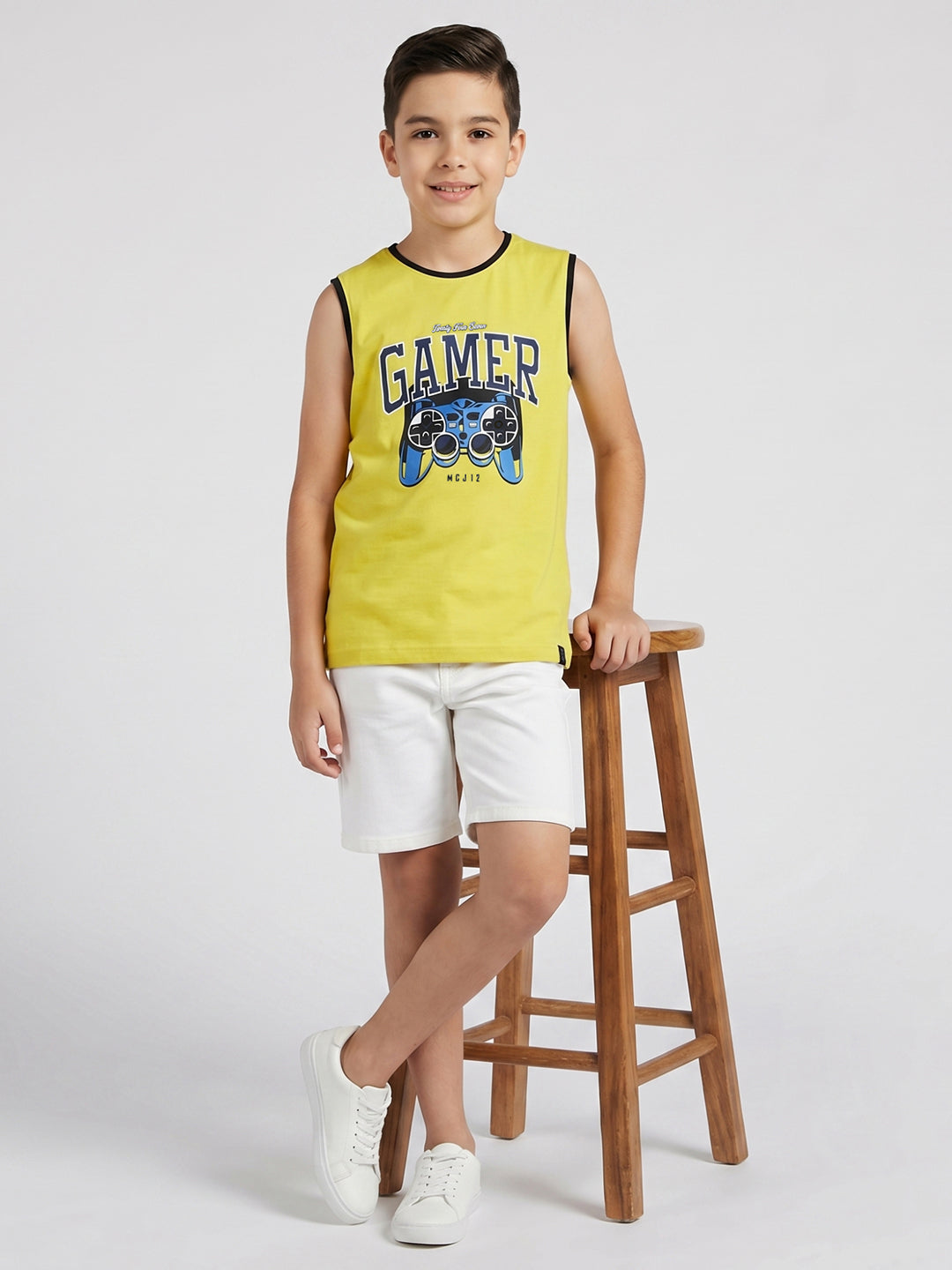 Boys Yellow & Sky Blue Printed Round Neck Sleeveless T-Shirt (Pack of 2)