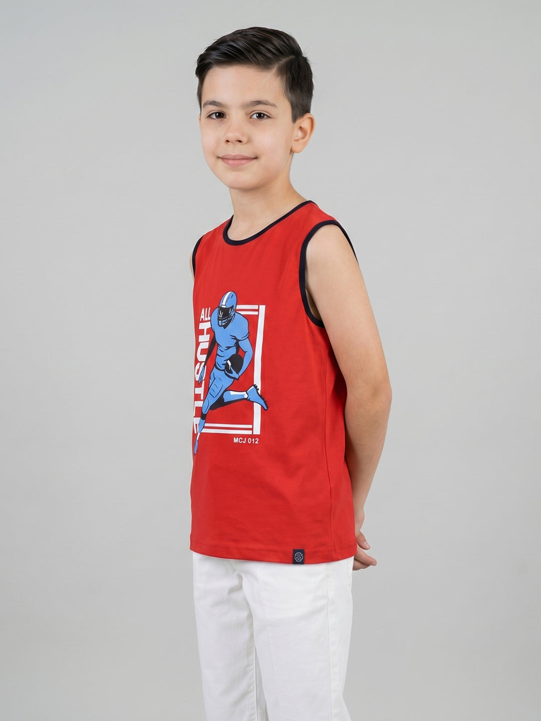 Boys Red & White Printed Round Neck Sleeveless T-Shirt (Pack of 2)