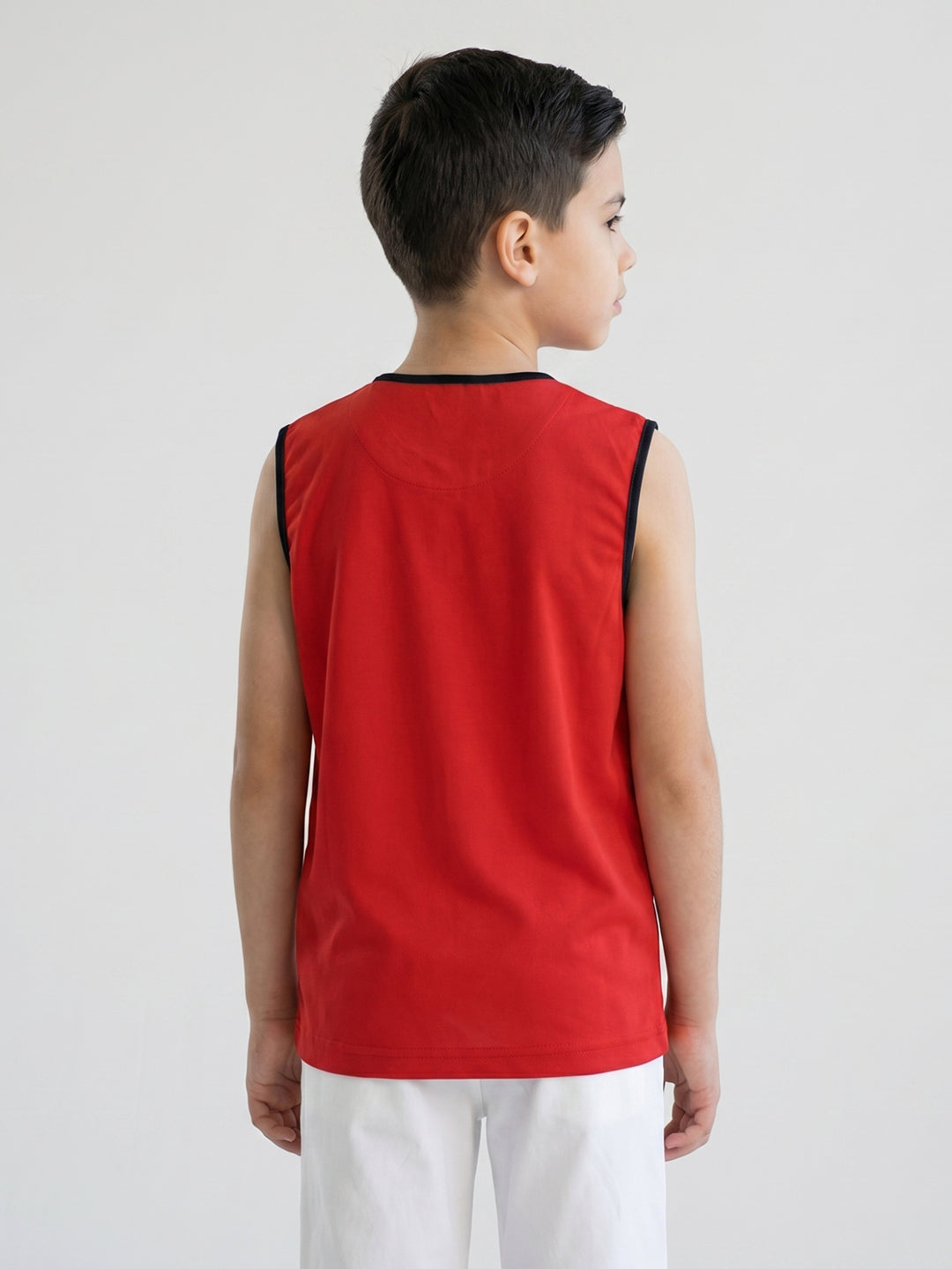 Boys Red & White Printed Round Neck Sleeveless T-Shirt (Pack of 2)
