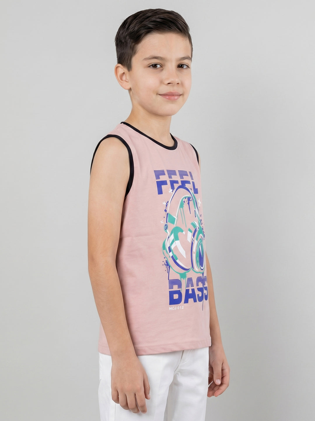 Boys Peach & Black Printed Round Neck Sleeveless T-Shirt (Pack of 2)
