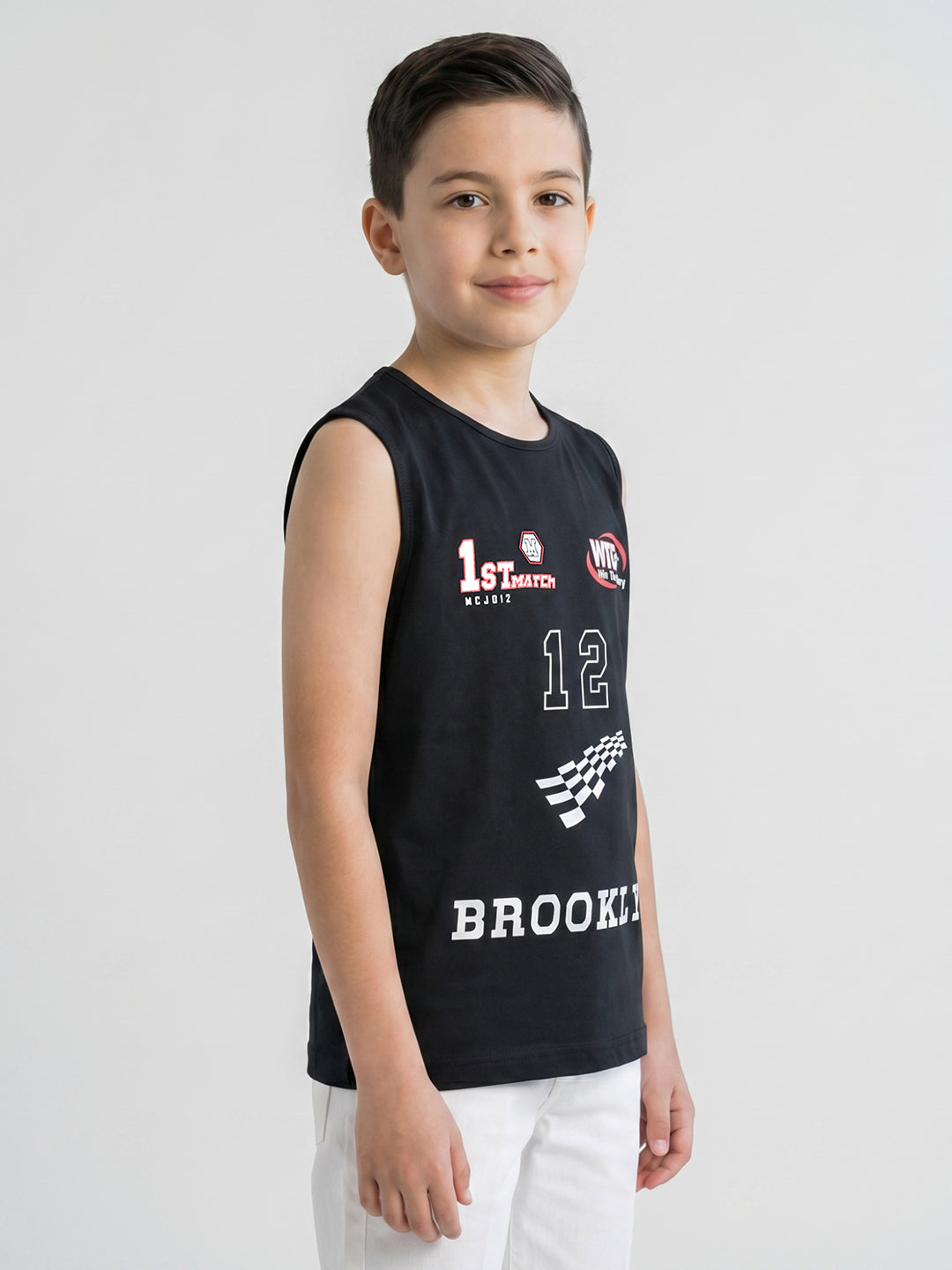 Boys Peach & Black Printed Round Neck Sleeveless T-Shirt (Pack of 2)