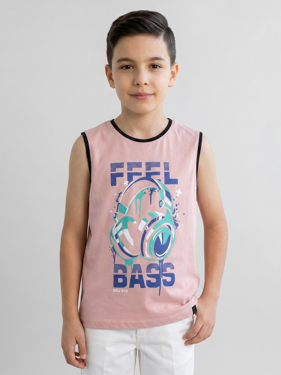 Boys Peach & Black Printed Round Neck Sleeveless T-Shirt (Pack of 2)