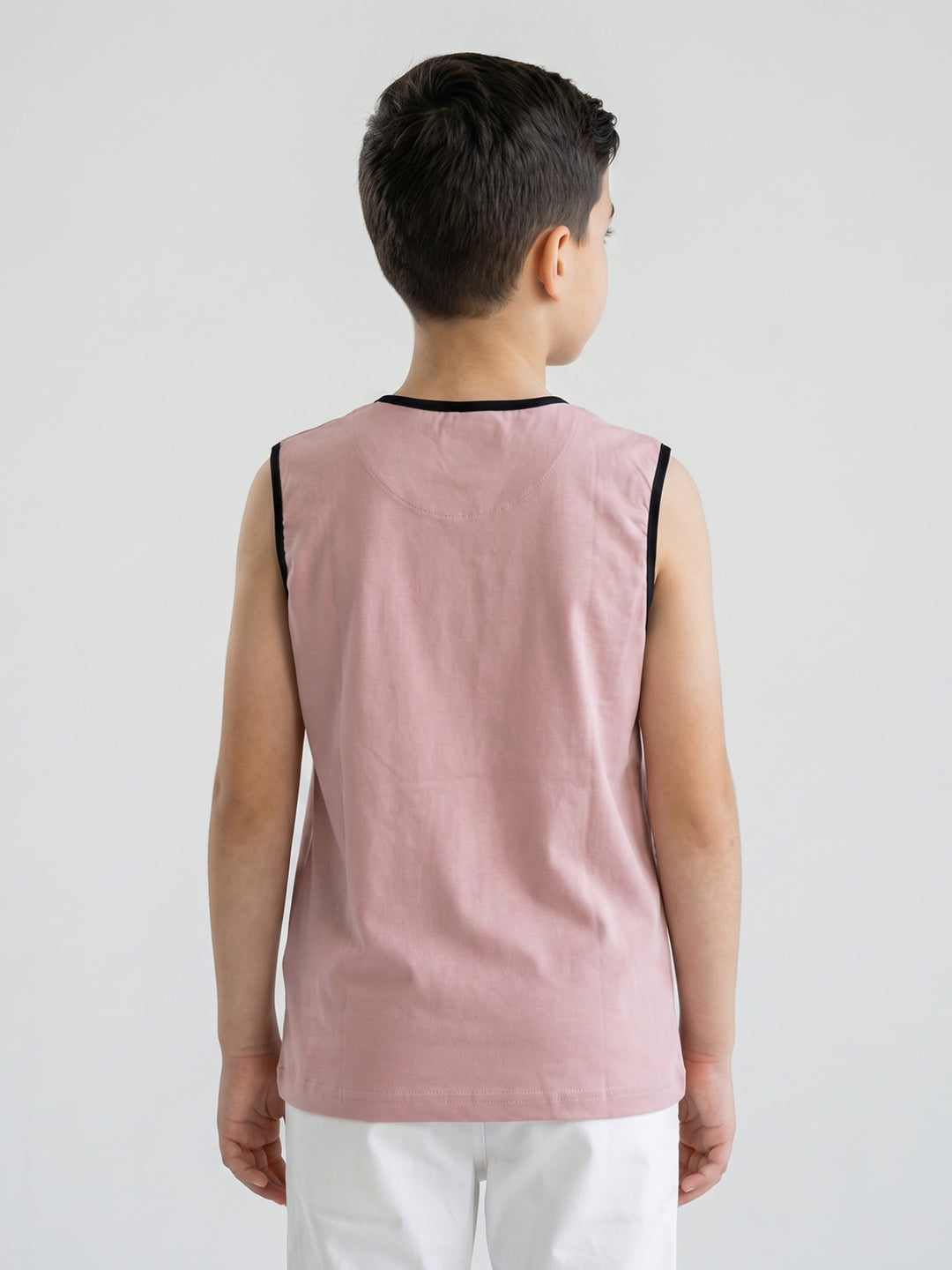 Boys Peach & Black Printed Round Neck Sleeveless T-Shirt (Pack of 2)