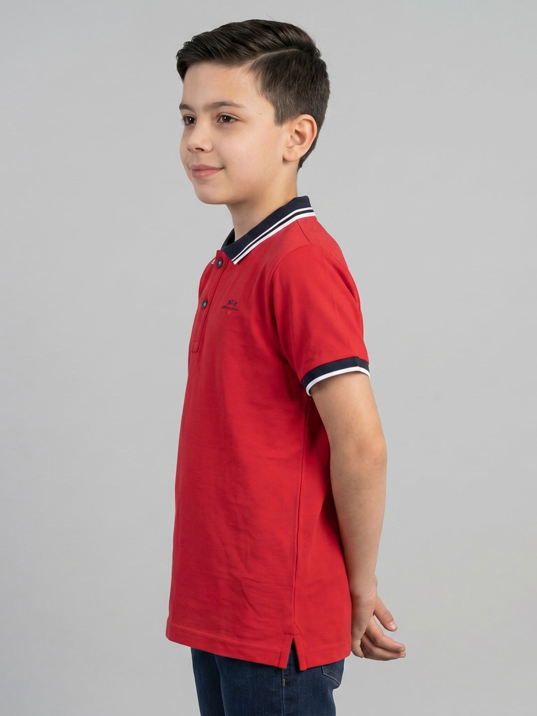 Boys Red Printed Collar Half Sleeve T-Shirt
