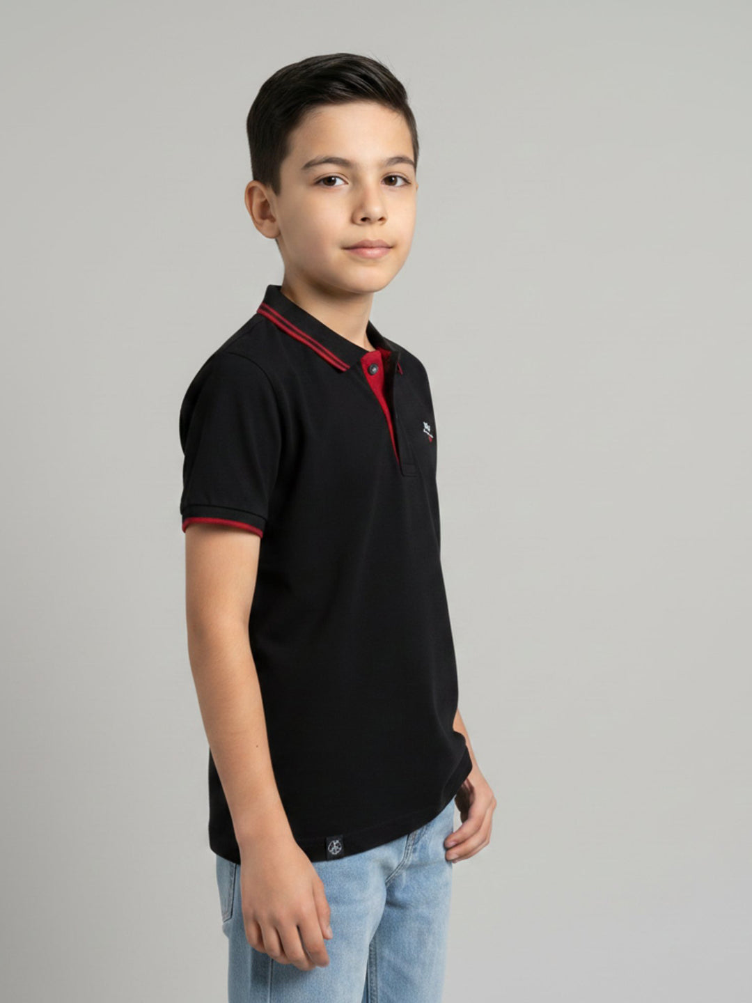 Boys Black Printed Collar Half Sleeve T-Shirt