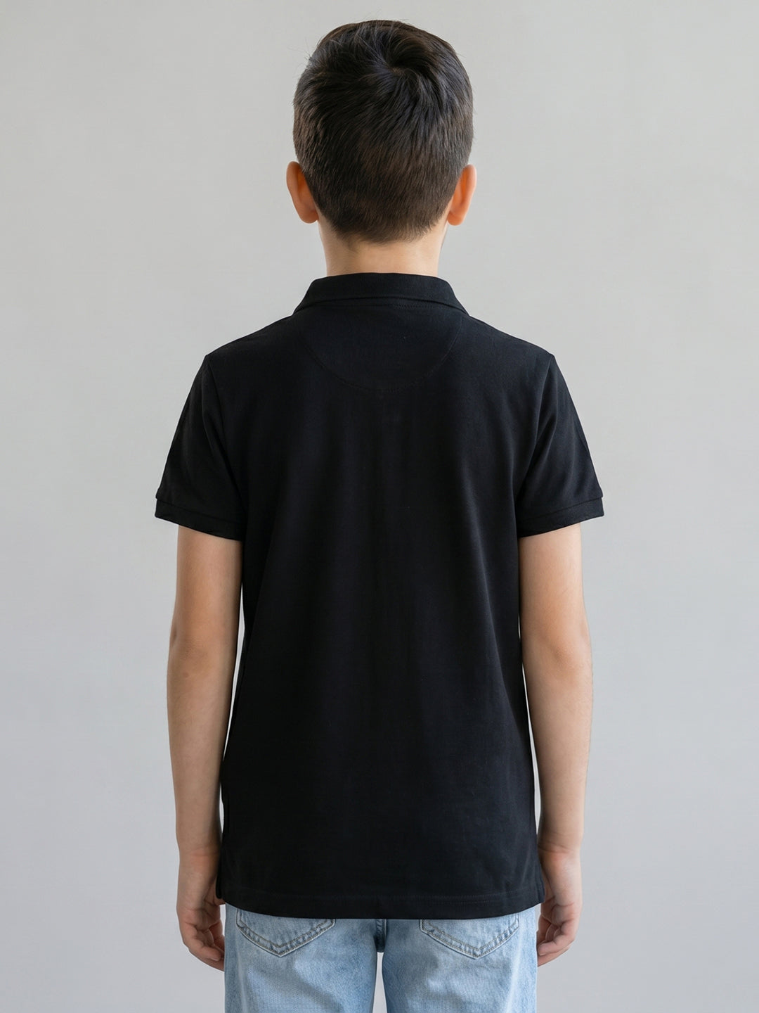 Boys Black Printed Band Collar Half Sleeve T-Shirt
