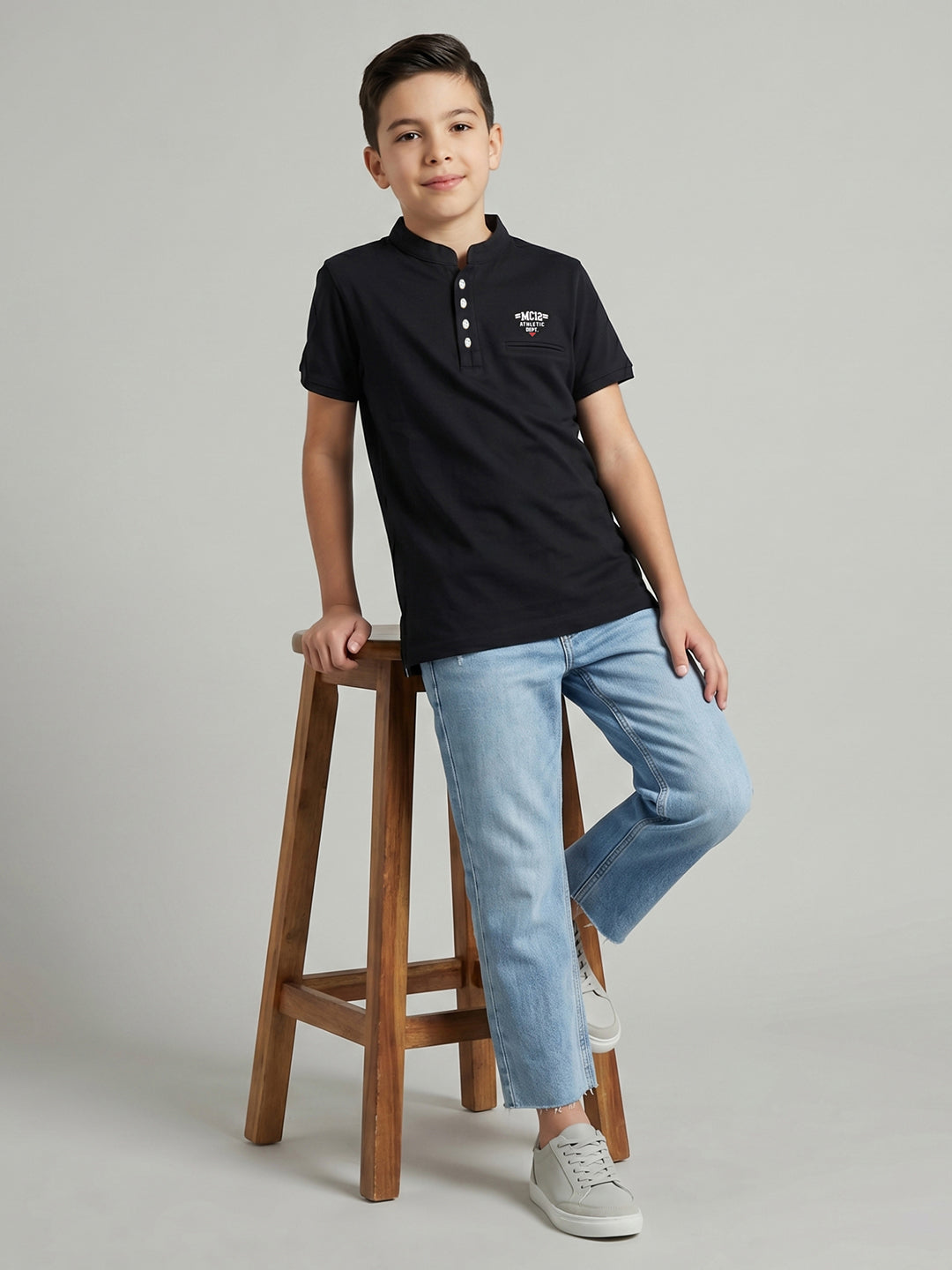 Boys Black Printed Band Collar Half Sleeve T-Shirt