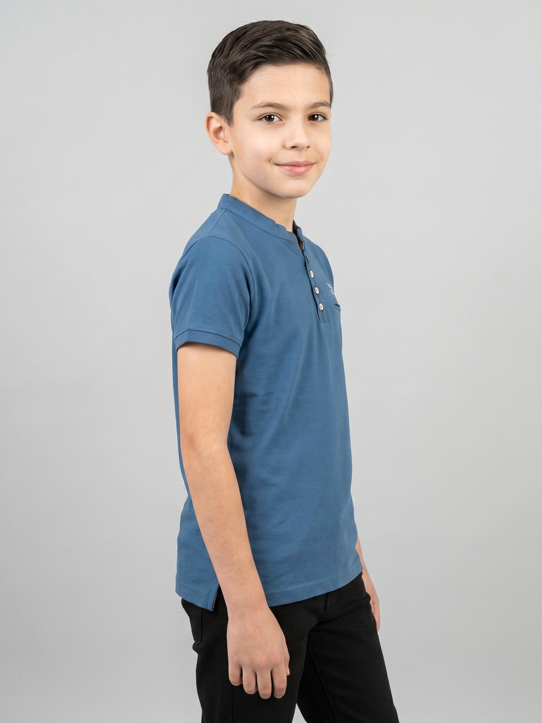 Boys Blue Printed Band Collar Half Sleeve T-Shirt