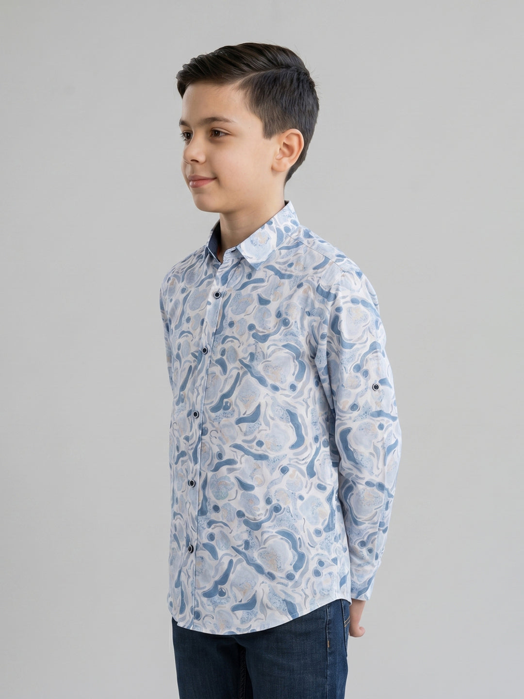 Boys Blue Printed Collar Full Sleeve Shirt