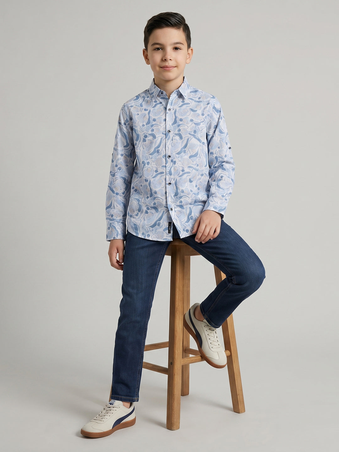 Boys Blue Printed Collar Full Sleeve Shirt