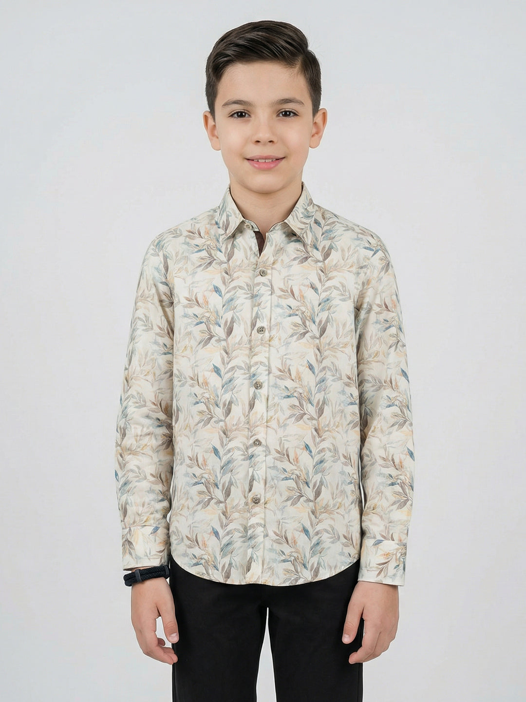 Boys Brown Printed Collar Full Sleeve Shirt