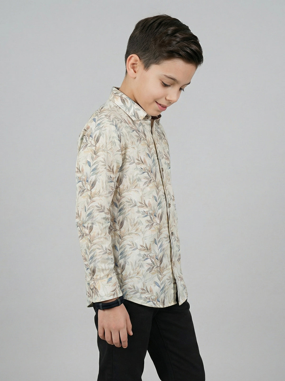 Boys Brown Printed Collar Full Sleeve Shirt