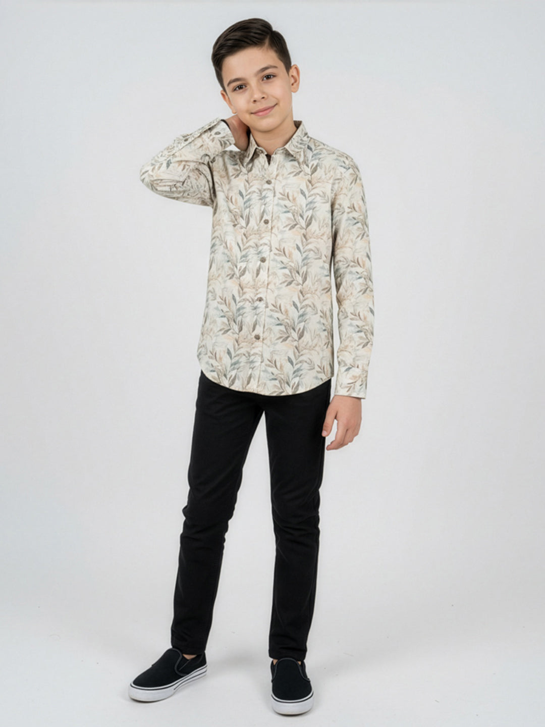 Boys Brown Printed Collar Full Sleeve Shirt