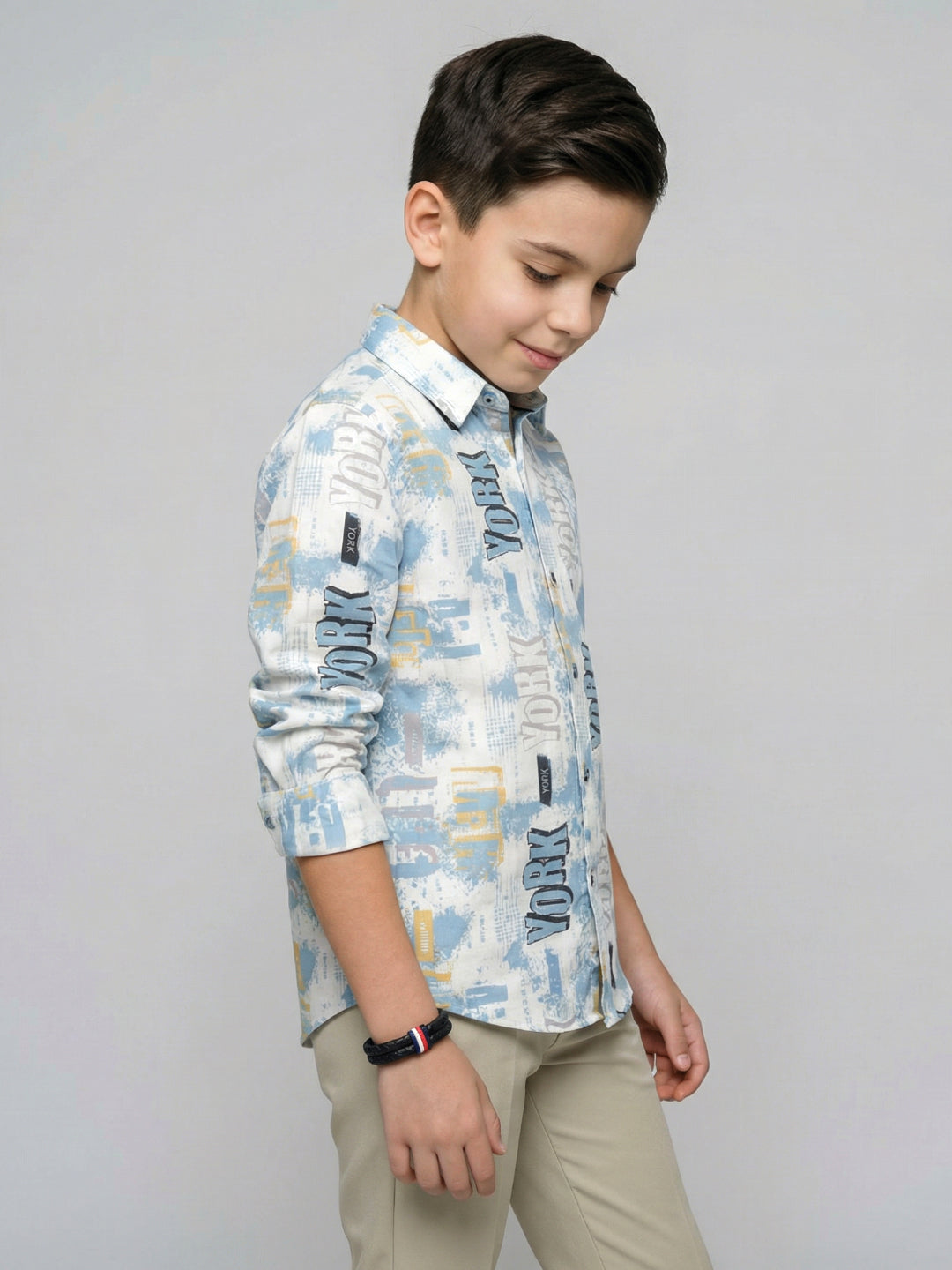 Boys White & Blue Printed Collar Full Sleeve Shirt